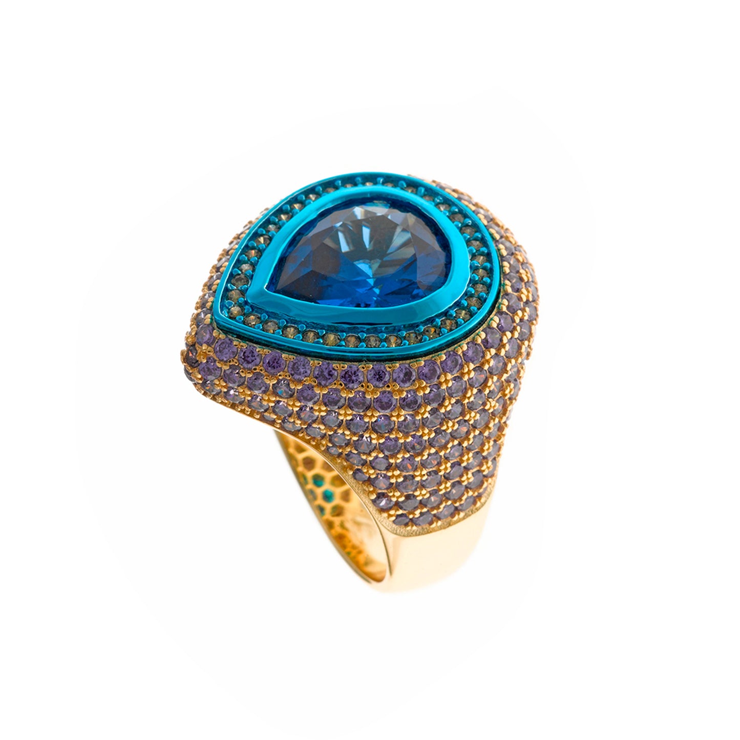 Sortija Plata Dorada y Azul Cristal Pera