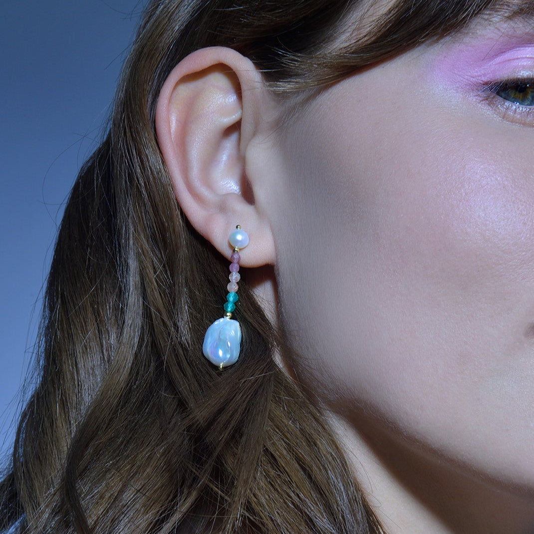Pendientes Plata Dorada Perlas y Turmalinas