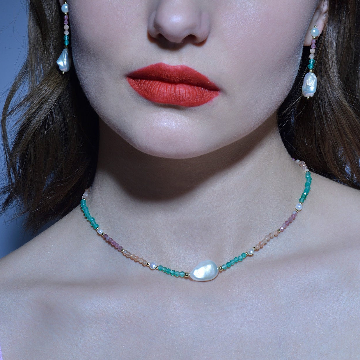 Collar Plata Dorada Perlas Irregulares y Turmalinas