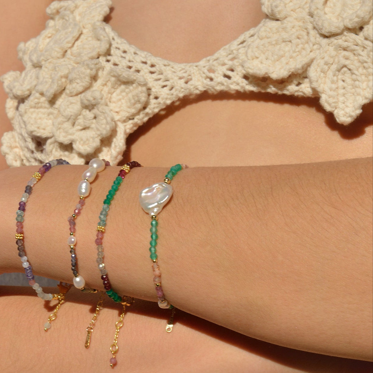 Pulsera Plata Dorada Perla y Turmalinas