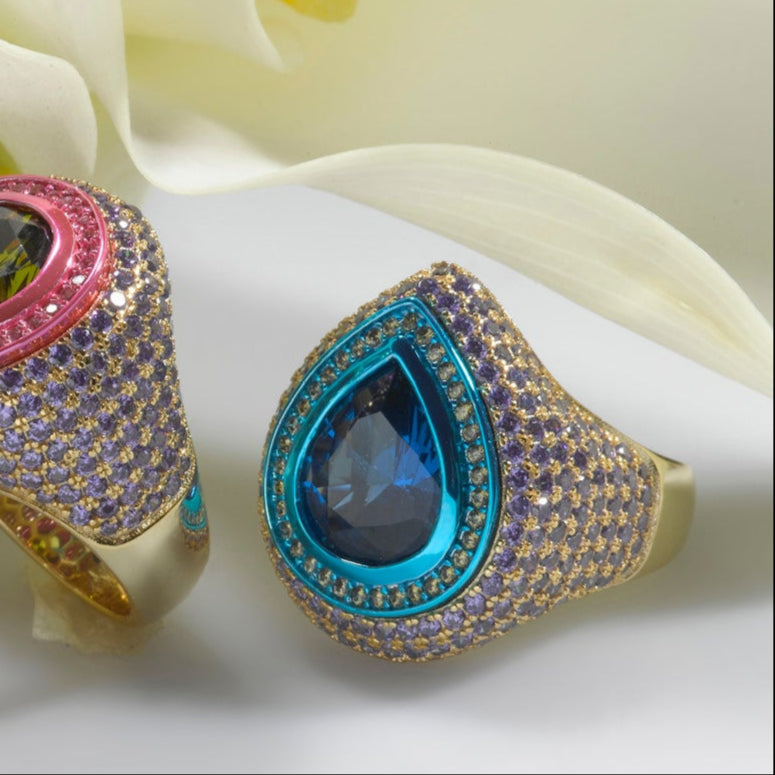 Sortija Plata Dorada y Azul Cristal Pera