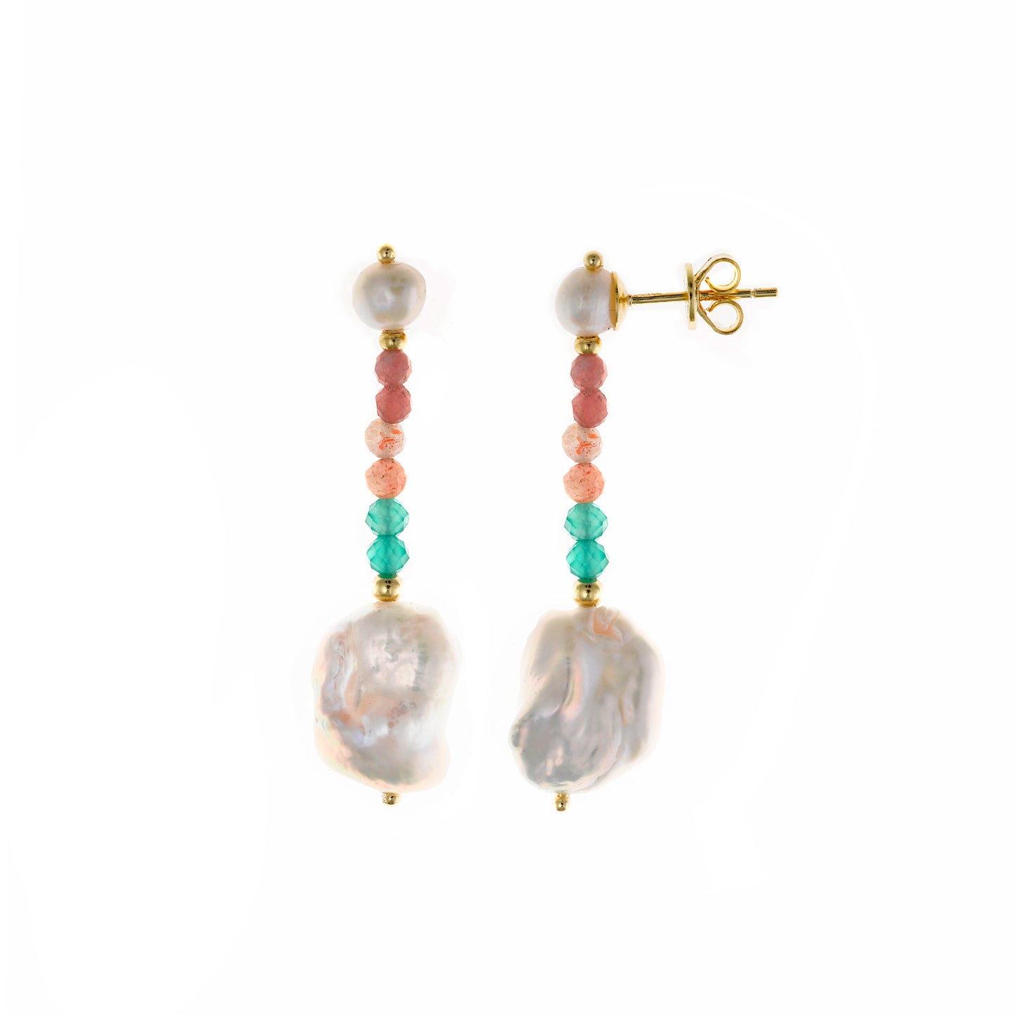 Pendientes Plata Dorada Perlas y Turmalinas