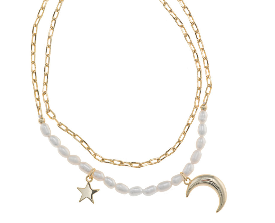 Pulsera Doble Plata Dorada Perlas y Estrella Luna