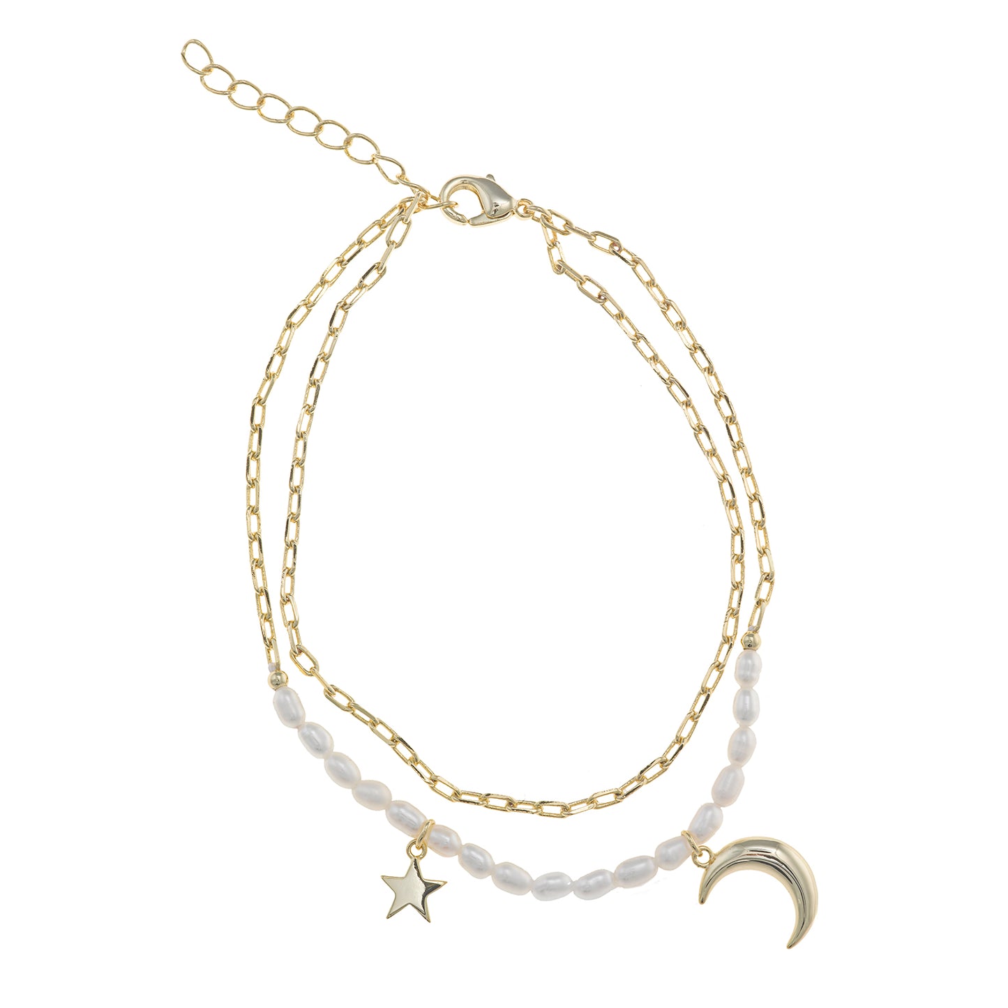 Pulsera Doble Plata Dorada Perlas y Estrella Luna