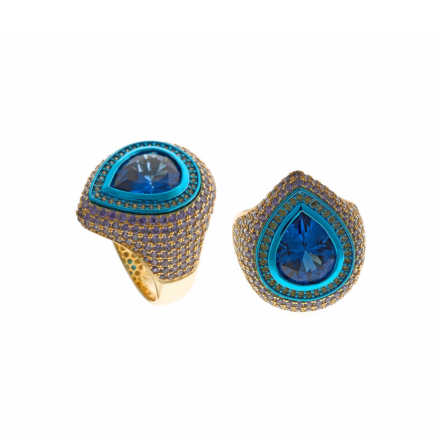 Sortija Plata Dorada y Azul Cristal Pera