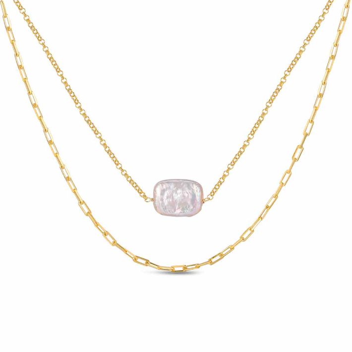 Collar De Plata Chapado Cadena Doble Perla Barroca Plana