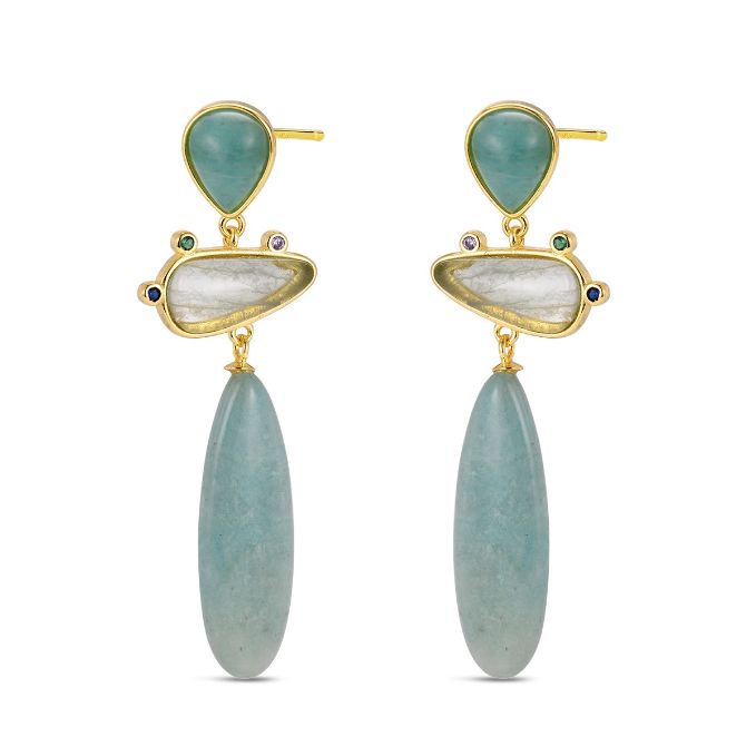 Pendientes Plata De Ley 925 De Piedra Natural Amazonita Chapado Dorado