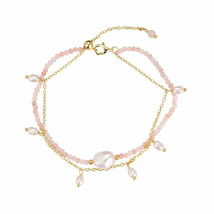 Pulsera De Piedra Natural Bolitas De Cuarzo Rosa Con perlas
