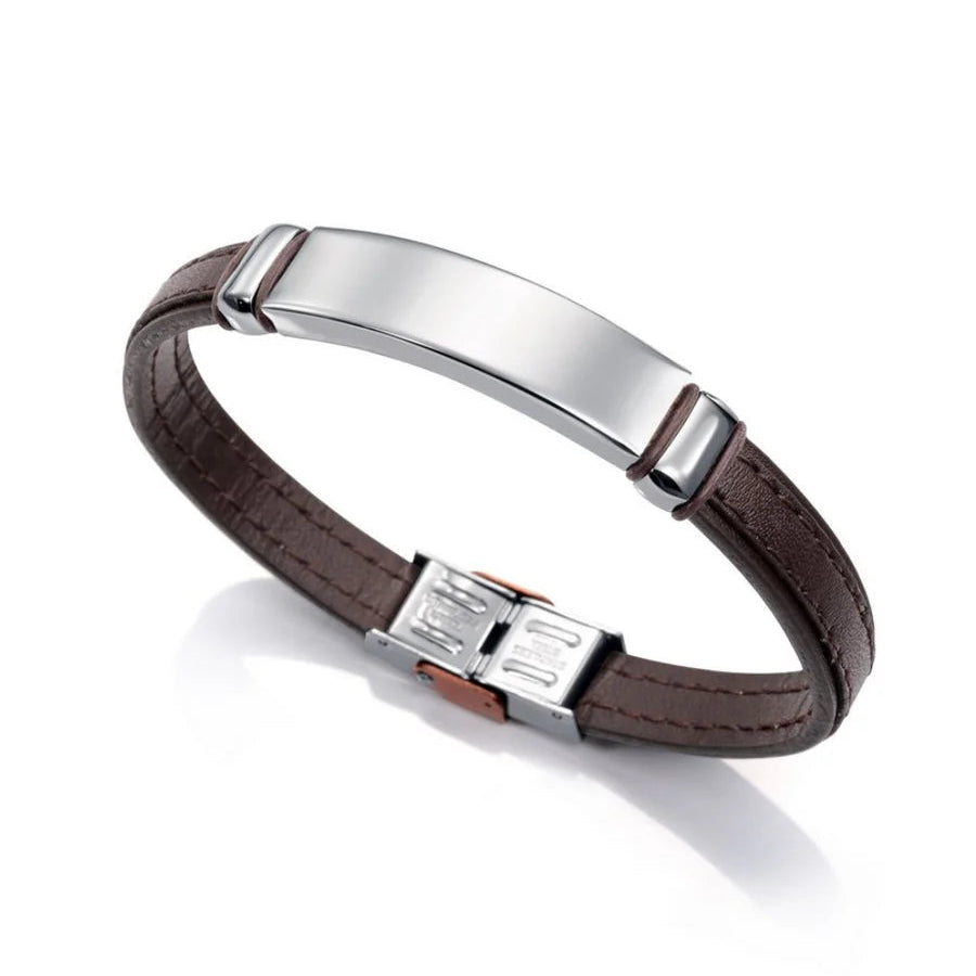 Men's Brown Leather and Steel Bracelet