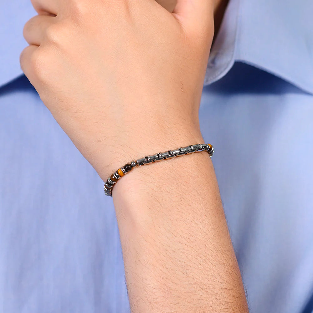Pulsera Acero Caballero Ojo De Tigre
