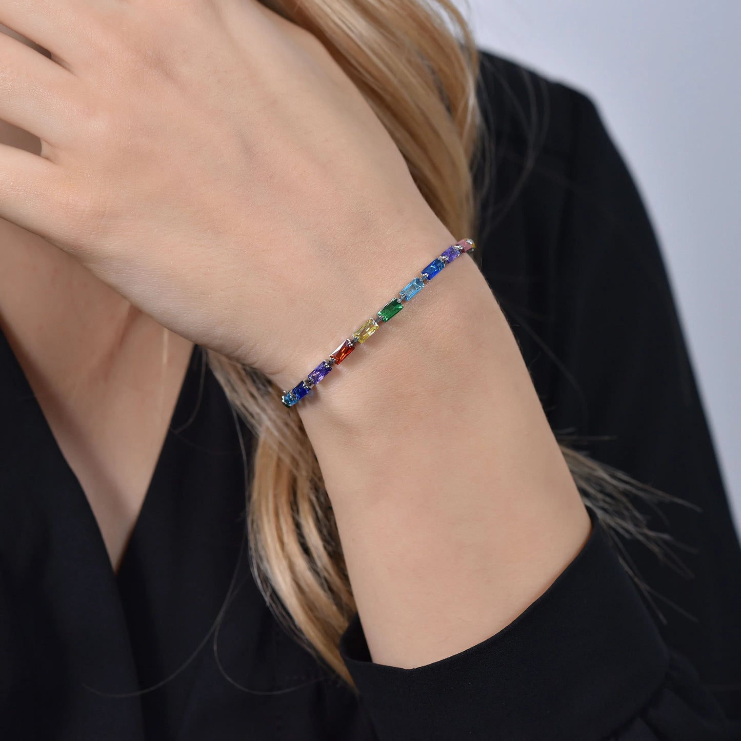 Pulsera Acero Con Circonitas Baguette Multicolores