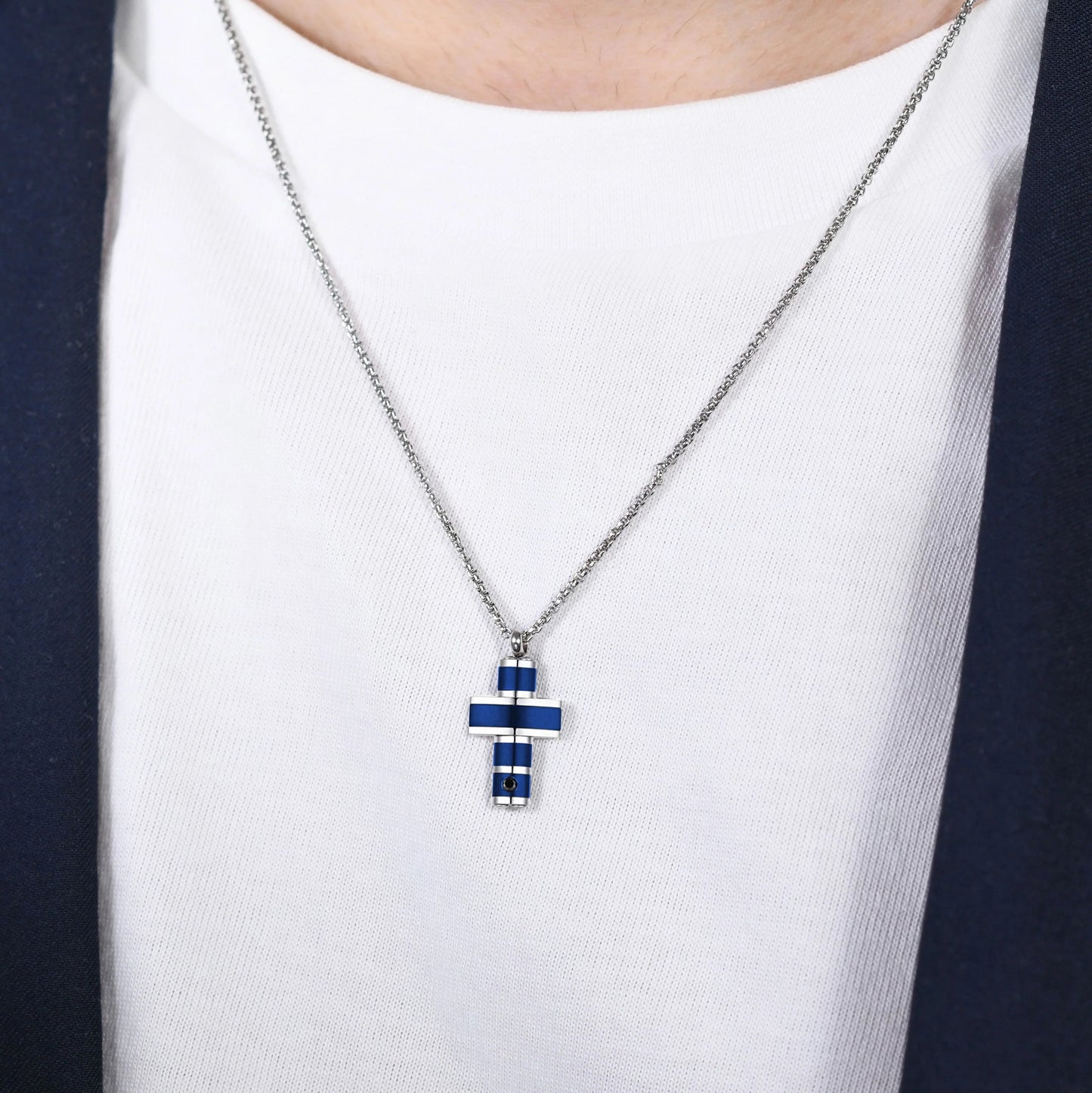 Luca Barra Men's Electric Blue Cross Steel Necklace