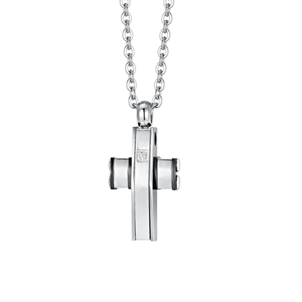 Luca Barra Men's Steel Necklace with Black and Silver Cross