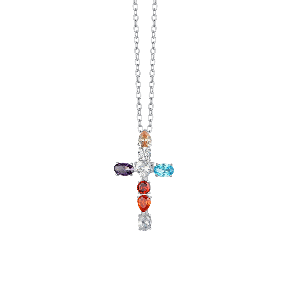 Collar De Acero Con Cruz Circonitas Multicolor
