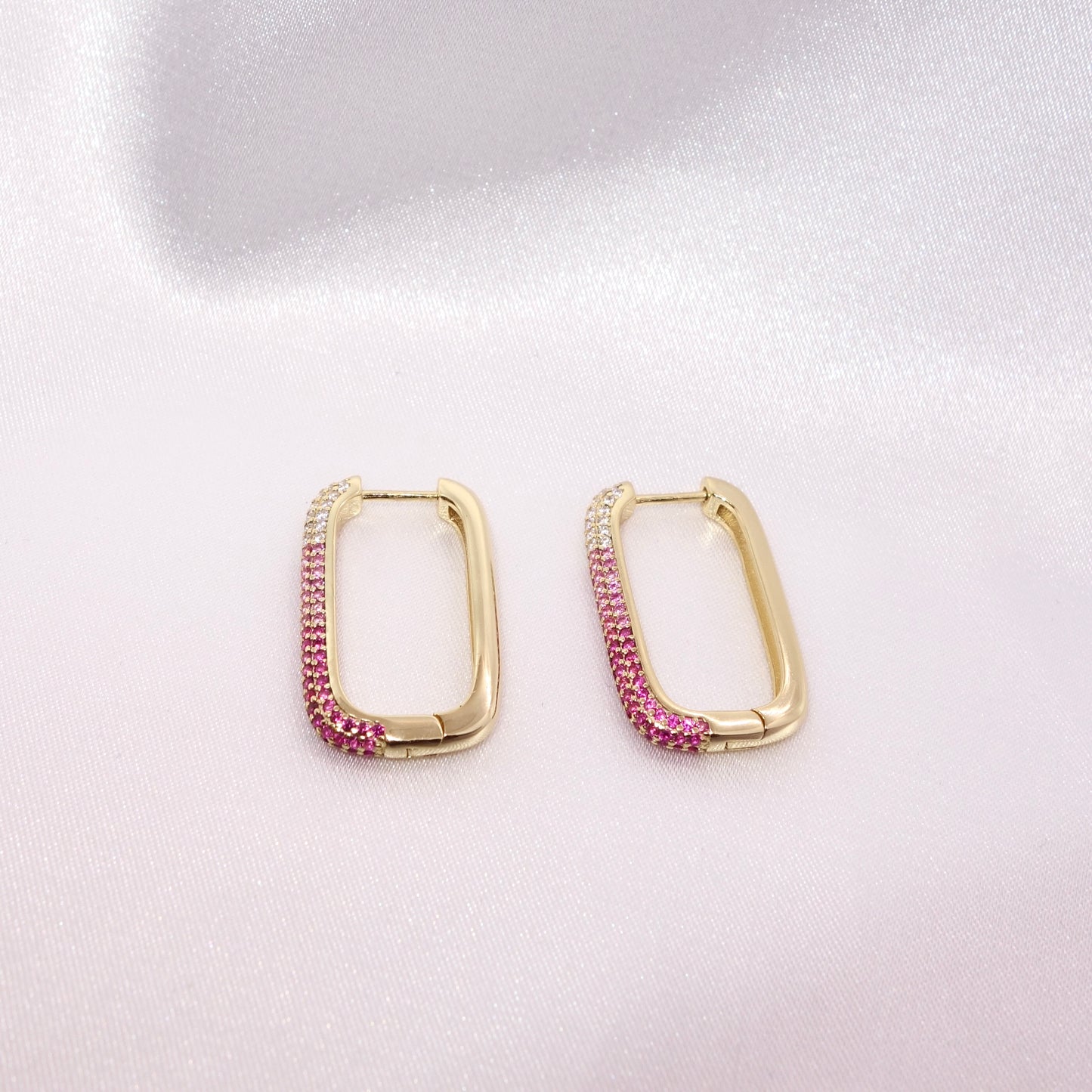 Pendientes Aros Rectangulares Plata Chapado Dorado Circonitas Color