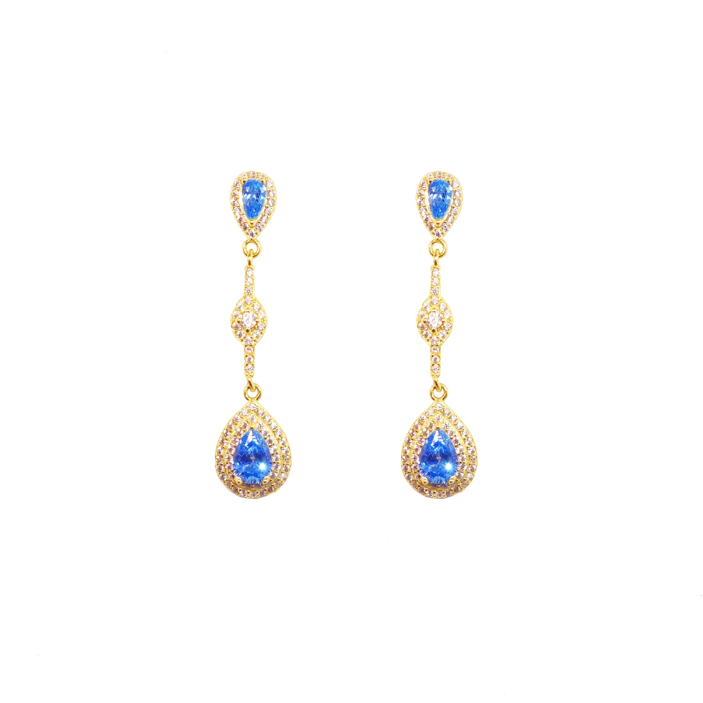 Pendientes de Plata Largos con Chapado 18K y Circonitas Azules