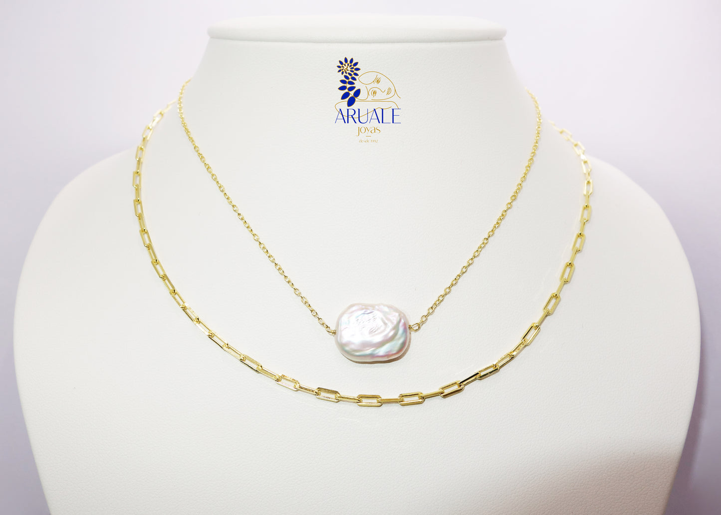 Collar De Plata Chapado Cadena Doble Perla Barroca Plana