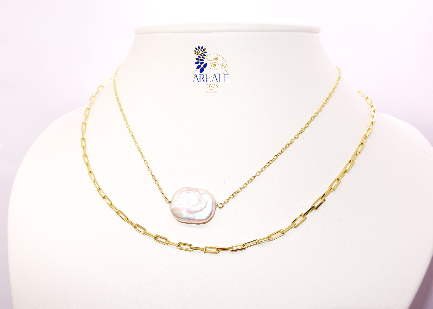 Collar De Plata Chapado Cadena Doble Perla Barroca Plana