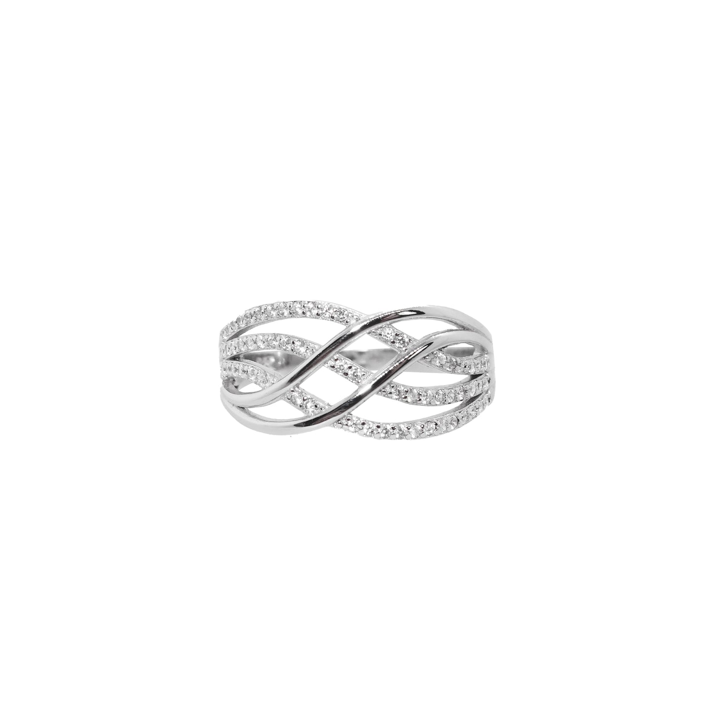 Anillo de Plata Entrecruzado con Circonitas y Rodiado