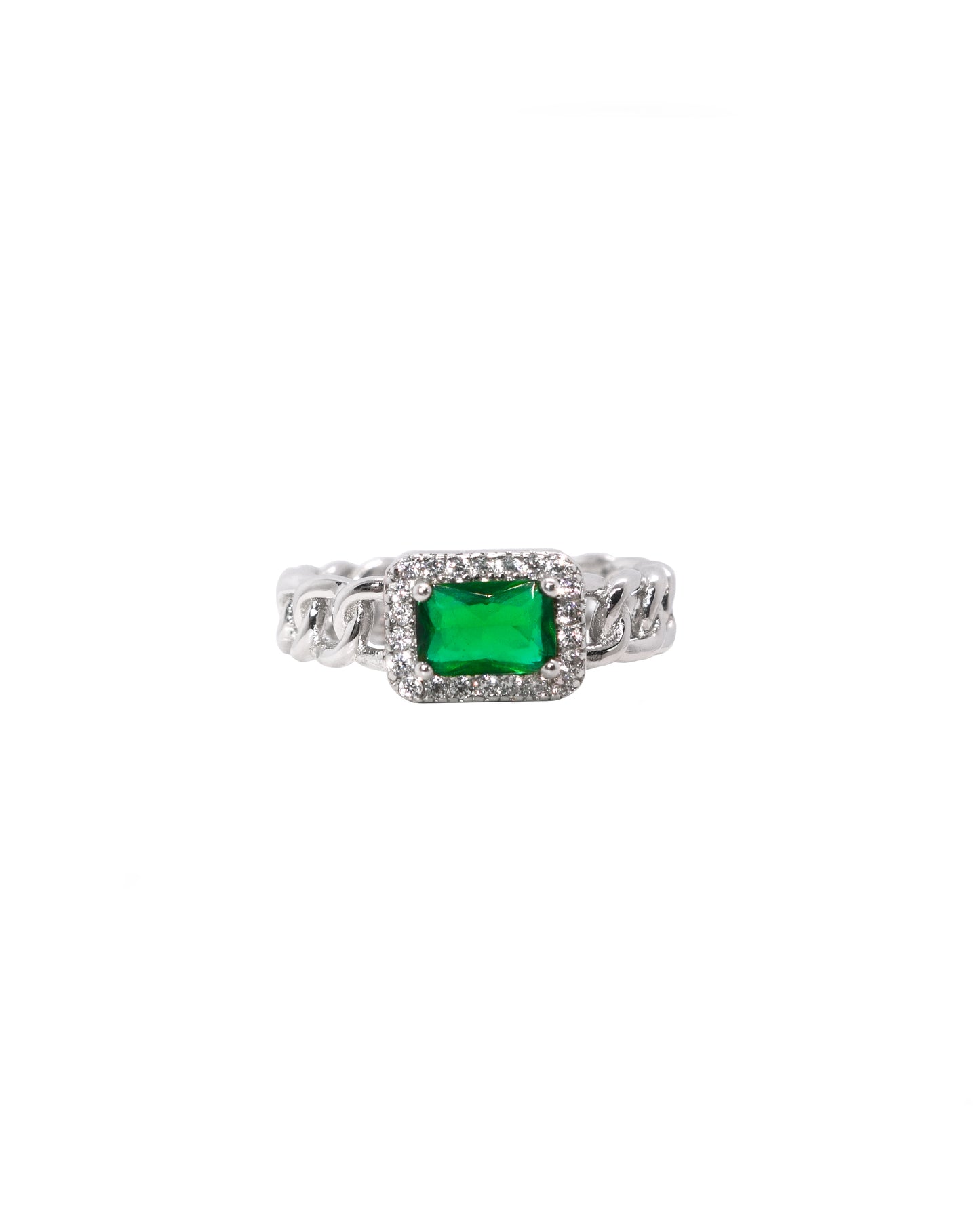 Anillo de Cadena en Plata y Rodio con Piedra Esmeralda