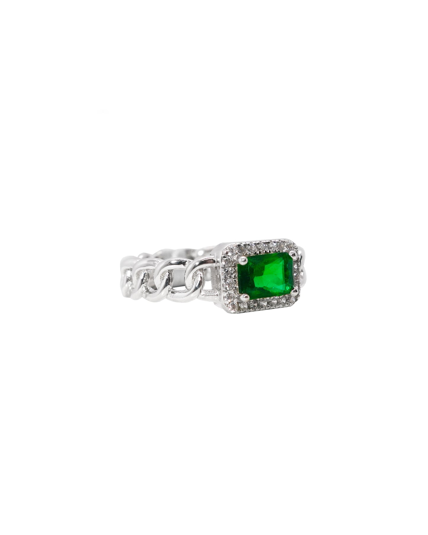Anillo de Cadena en Plata y Rodio con Piedra Esmeralda