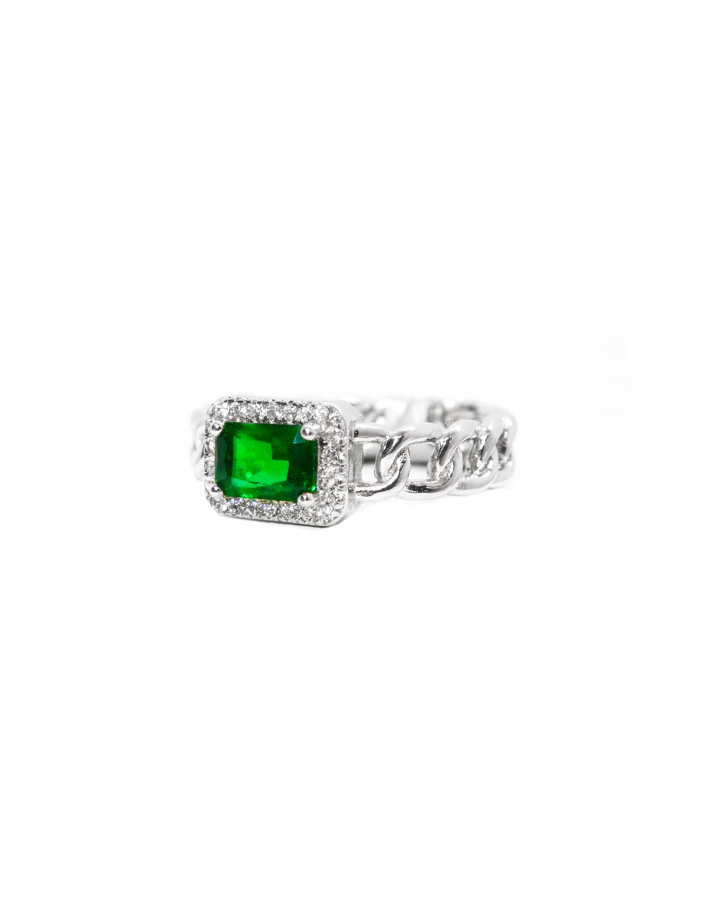 Anillo de Cadena en Plata y Rodio con Piedra Esmeralda
