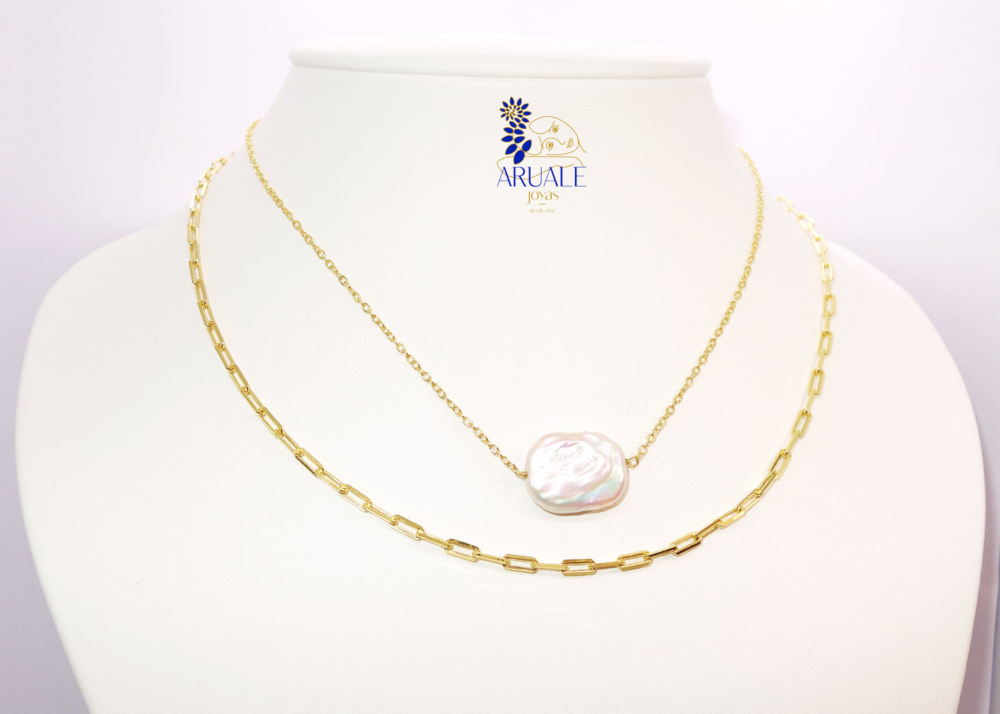 Collar De Plata Chapado Cadena Doble Perla Barroca Plana