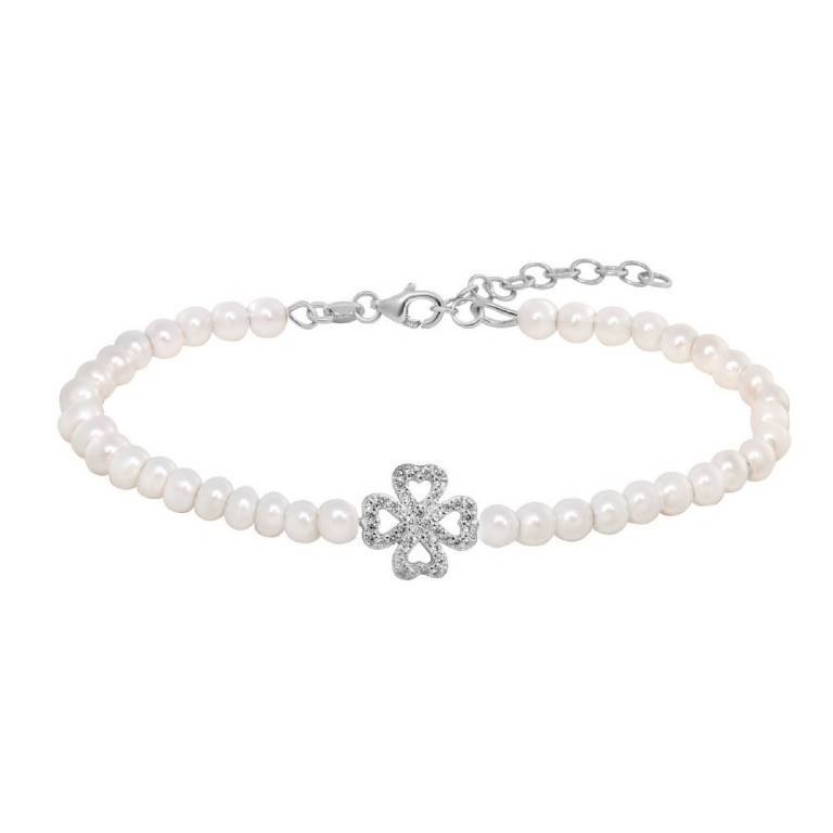 Pulsera Plata Perlas Trébol Circonitas