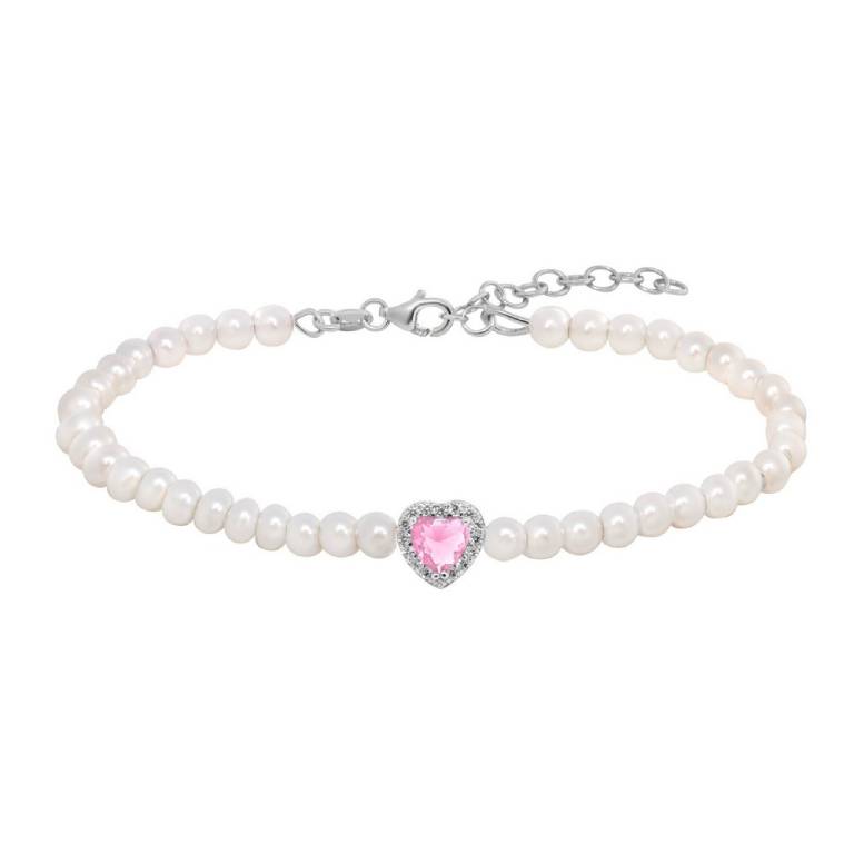Pulsera Plata Perlas Corazón Circonitas Rosa