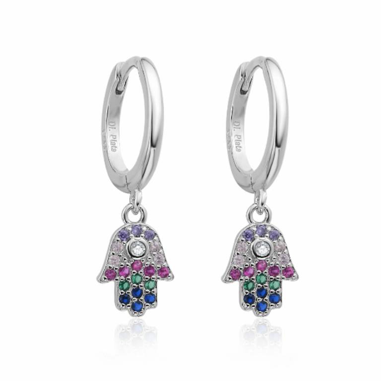 Pendientes Aros Plata Hamsa Circonitas Multicolor