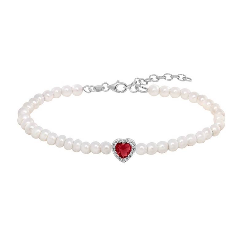 Pulsera Plata Perlas Circonita Corazón Rojo
