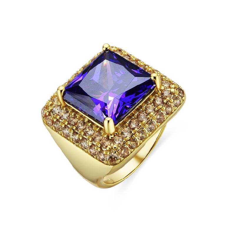 Anillo Plata De Ley 925 Chapado Dorado Circonita Color Amatista