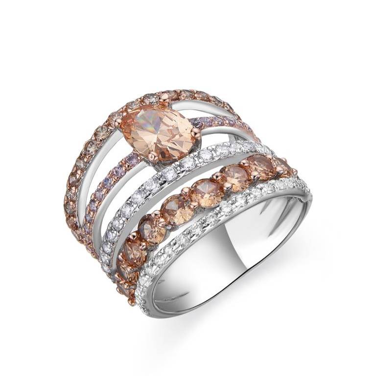 Anillo Plata De Ley 925 Multibanda con Circonitas Champagne y Blancas Brillante
