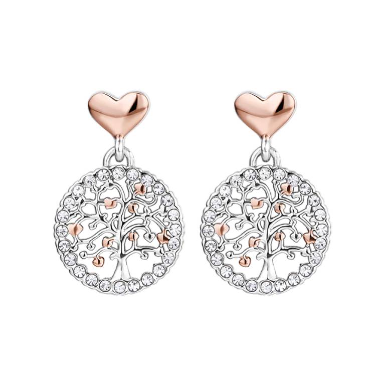 Pendientes Acero Árbol De La Vida Corazones Rosa