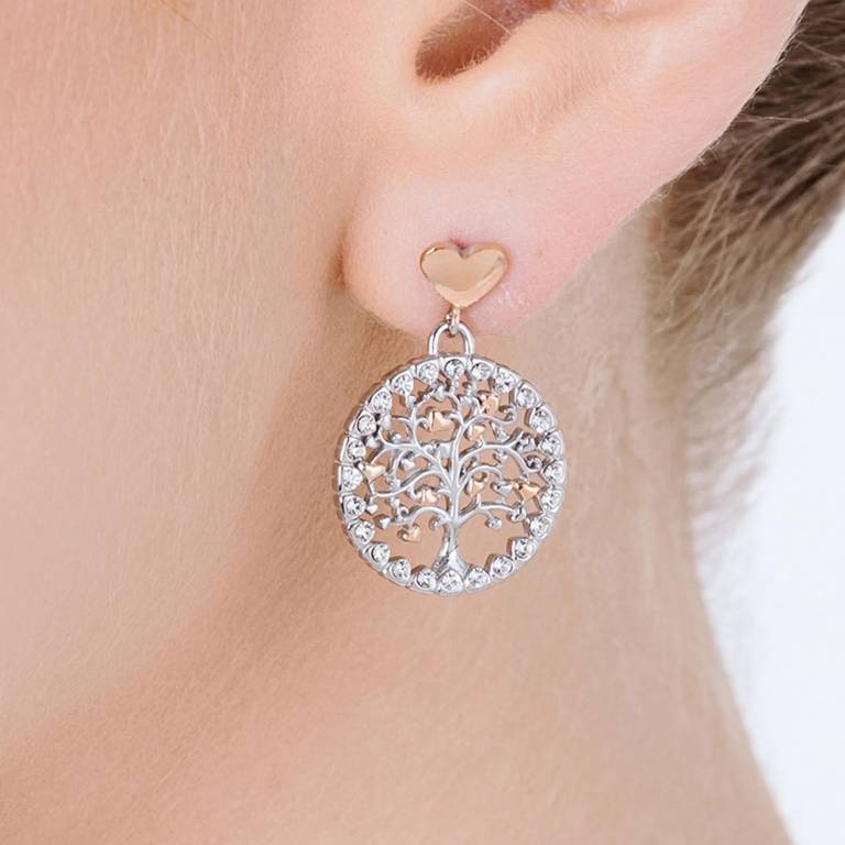 Pendientes Acero Árbol De La Vida Corazones Rosa