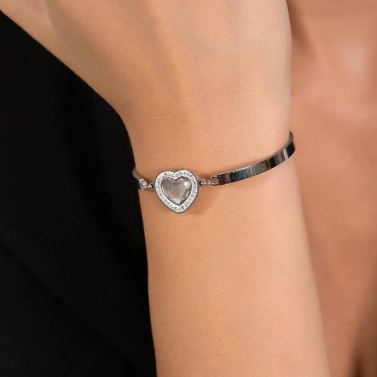 Pulsera Acero Rígida Corazón Circonitas
