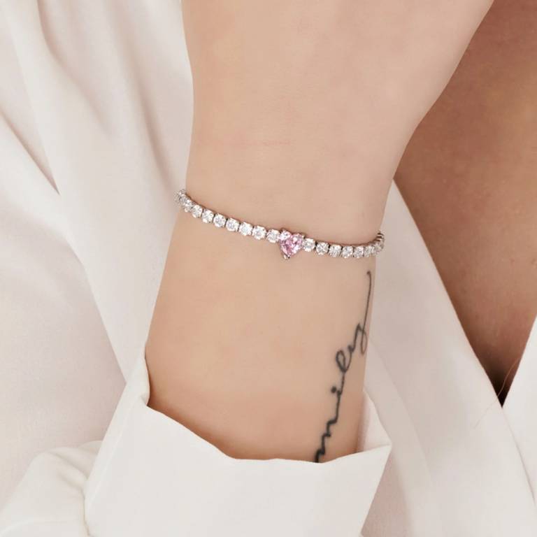 Pulsera Acero Riviere Corazón Circonita Rosa