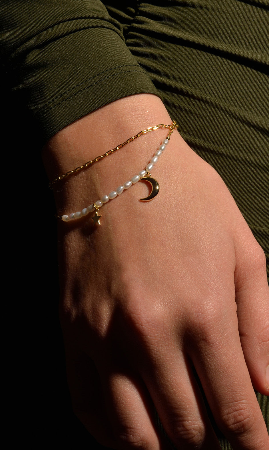 Pulsera Doble Plata Dorada Perlas y Estrella Luna