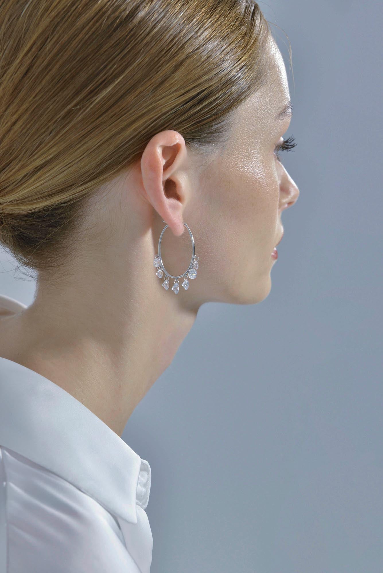 Pendientes Plata Rodiada Aro Ovalado Circonitas