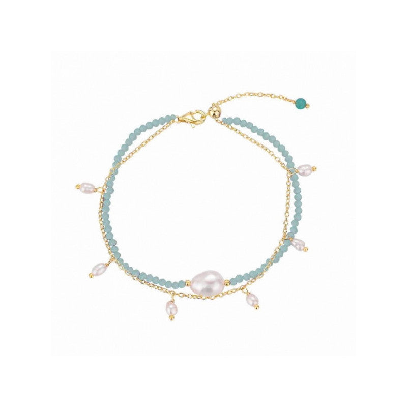 Pulsera De Piedra Natural Bolitas De Amazonita Chapada Con Perlas