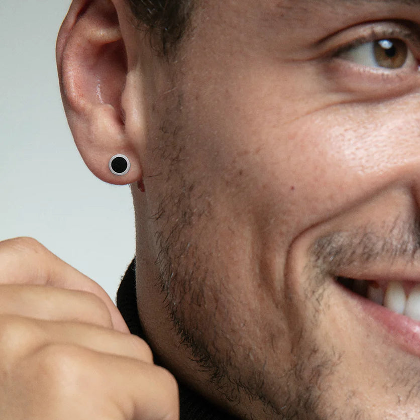 Men's Earrings in Steel with Black Agate
