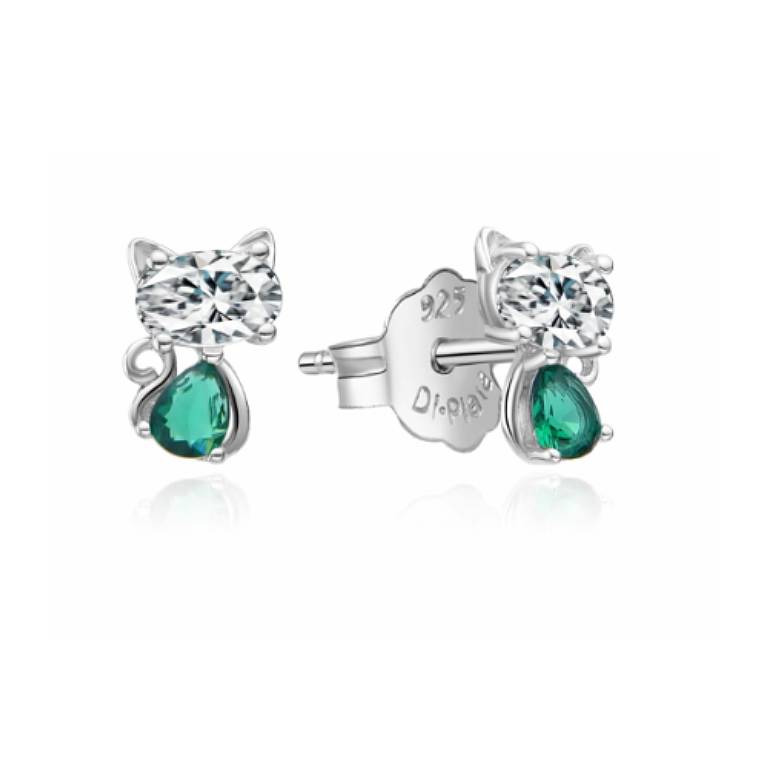 Pendientes Plata Circonita Gatito - Verde