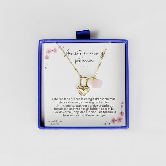 Colgante Amuleto Amor Candado Corazón Cuarzo Rosa Plata De Ley Aruale Joyas