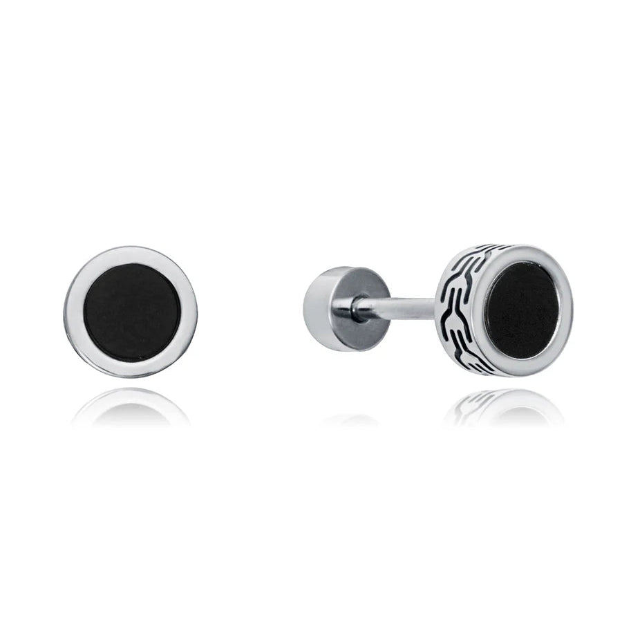 Men's Earrings in Steel with Black Agate