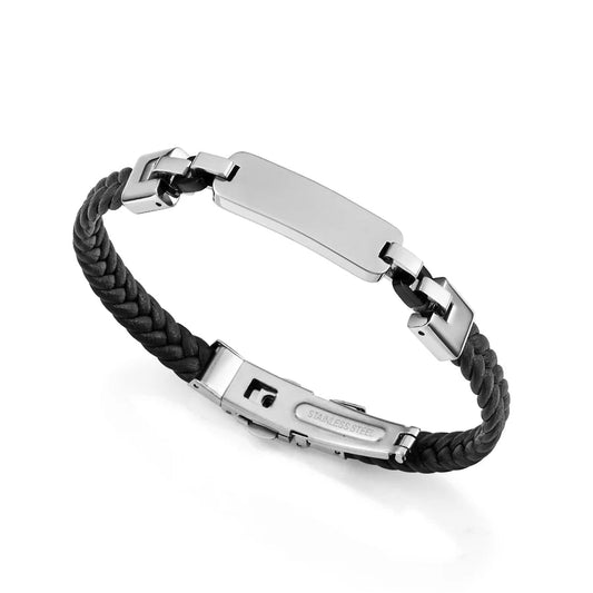 Men's Steel and Black IP Bracelet with Braided Leather and Plate