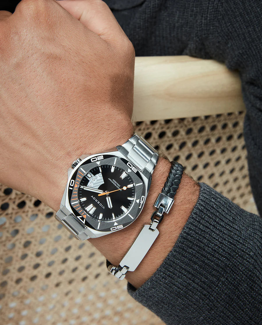 Men's Steel and Black IP Bracelet with Braided Leather and Plate