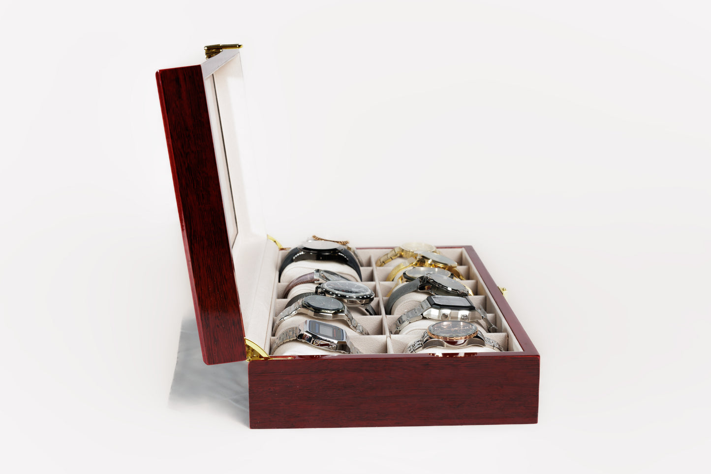 Aruale Joyas Estuche Lujo Relojes Acabado Madera Caoba 12 Compartimentos Ideal Regalo para Coleccionistas y Amantes de Relojes con Tapa de Cristal Interior de Terciopelo Caja y Gamuza Incluidos