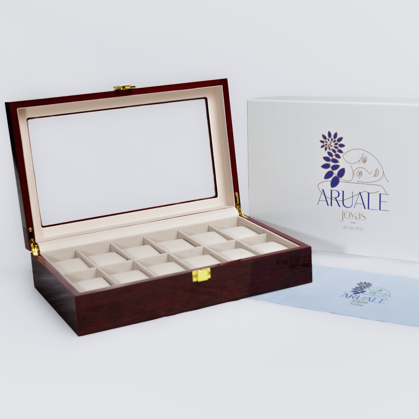 Aruale Joyas Estuche Lujo Relojes Acabado Madera Caoba 12 Compartimentos Ideal Regalo para Coleccionistas y Amantes de Relojes con Tapa de Cristal Interior de Terciopelo Caja y Gamuza Incluidos