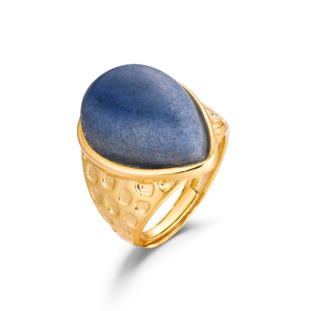 Anillo De Piedra Natural Aventurina Azul Gota Chapado