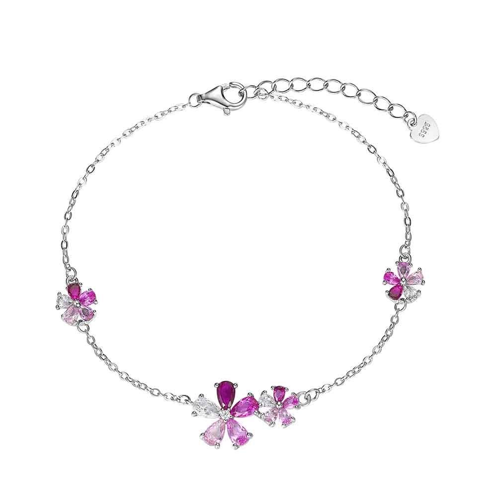 Pulsera de Plata Rodiada con Flores de Circonitas Rosas
